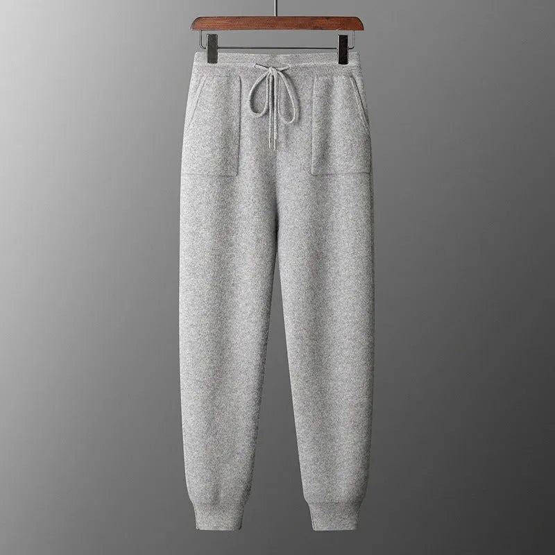 Men's dark grey cashmere hooded knitted sweatshirt with matching long pants winter leisure set