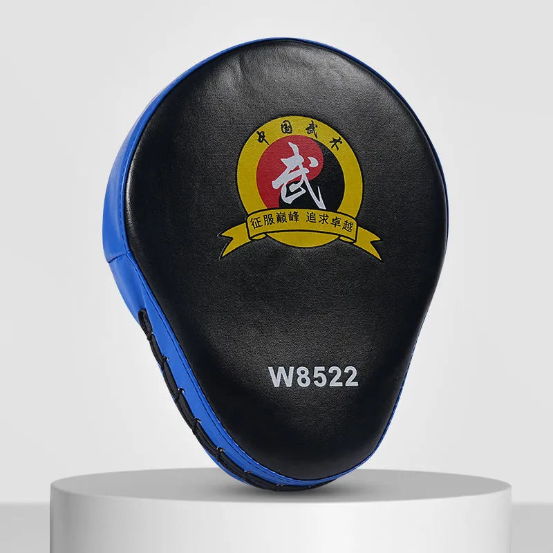 PU leather punch mitts for boxing training in curved and flat designs on a black background