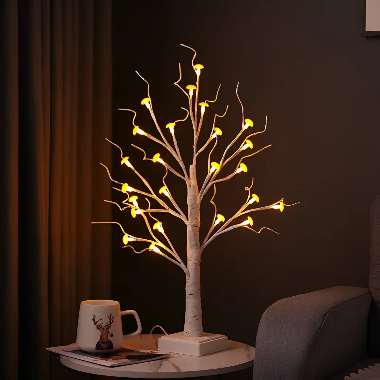 60cm tall birch tree LED lamp with 24 white mushroom decorations glowing with warm white light