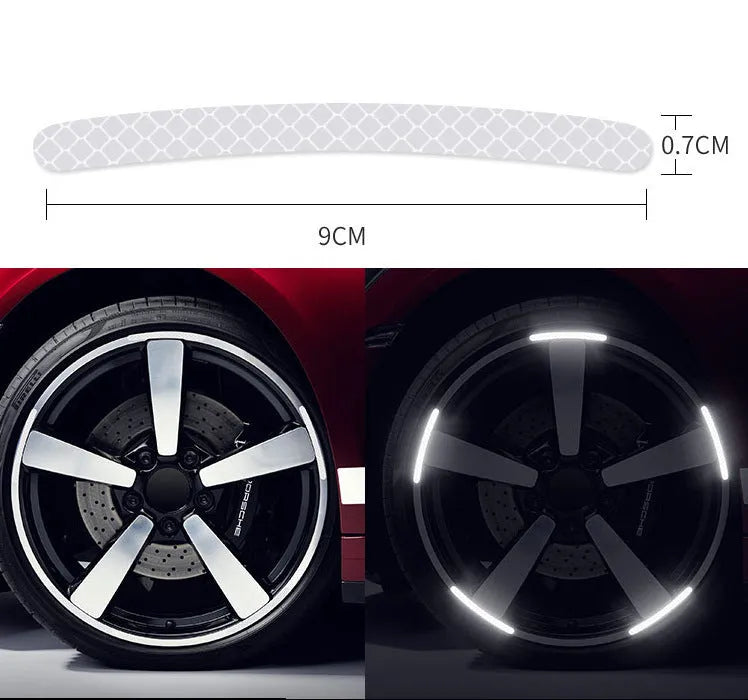 Pack of 20 arc-shaped reflective PVC stickers for car wheel hubs in various colour options