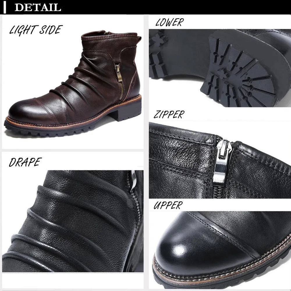 Mid-height black cowboy boots with side zipper, round toe, and horseshoe rubber heel