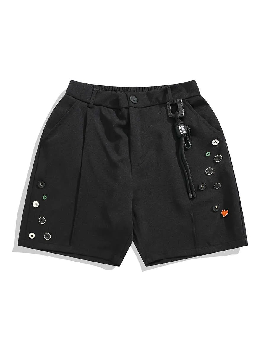 Men's black loose semi-elastic straight-leg shorts with mid waist and zipper fly