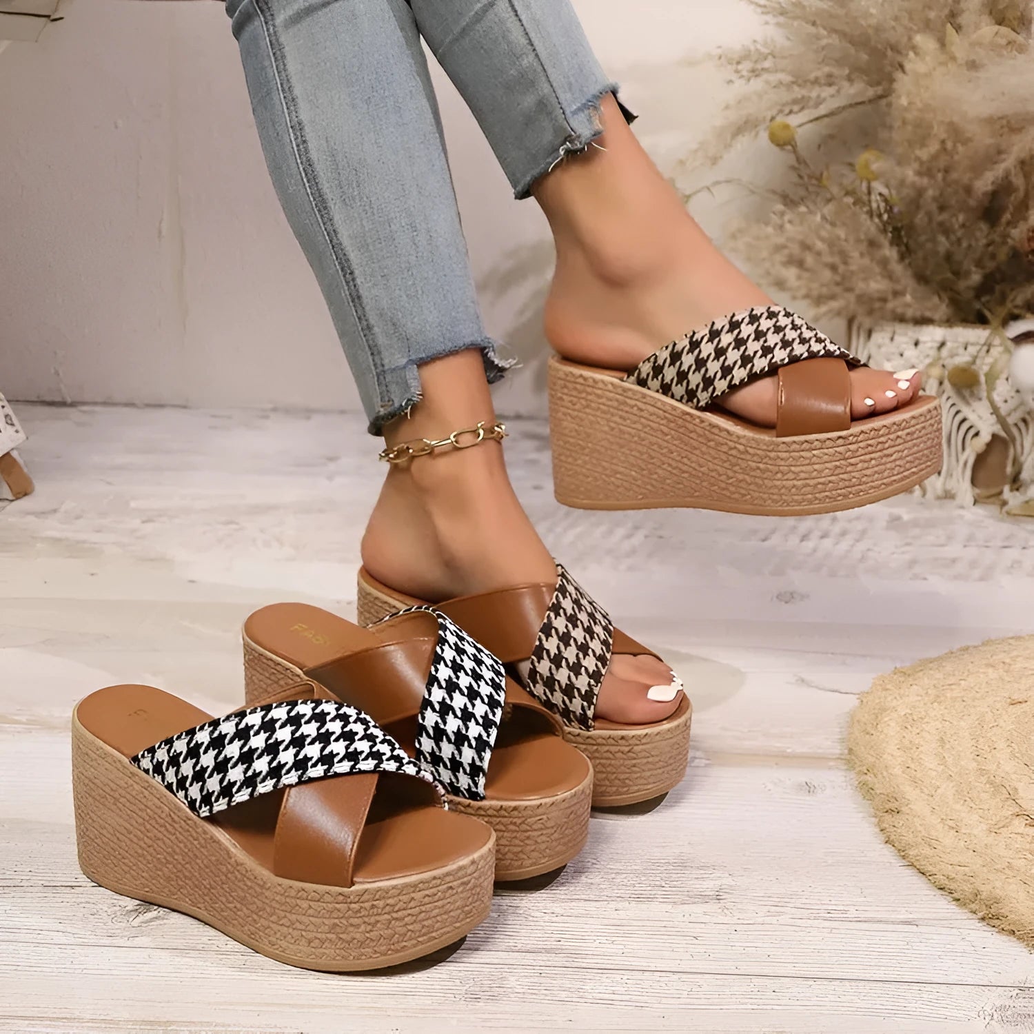 Brown and black cross leopard plaid wedge sandals with rubber soles
