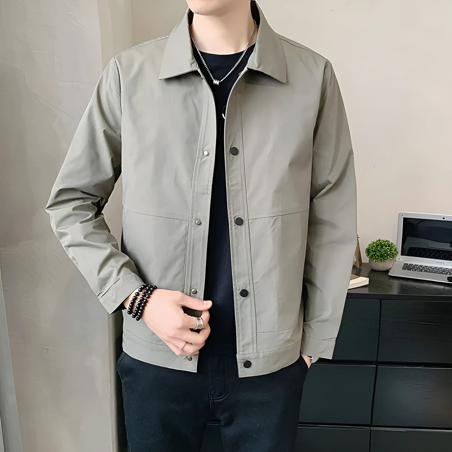 Men's slim-fit single-layer jacket in light grey polyester with Korean style design