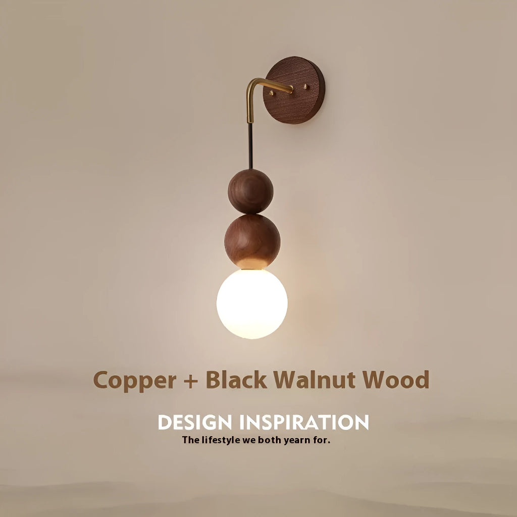 Wood and copper wall lamp with tricolour lighting, 10cm diameter by 50cm height