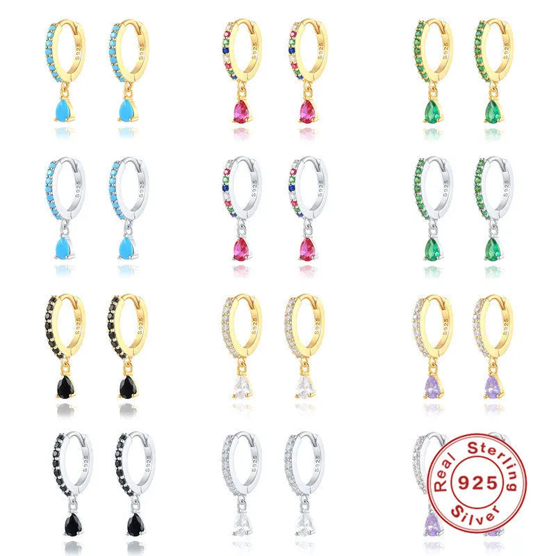 S925 sterling silver geometric water drop earrings with diamond accents in gold or silver tone.