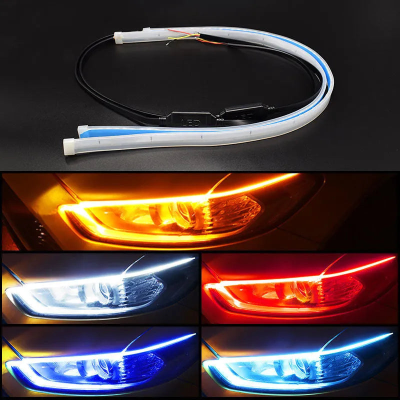 Slim silicone car LED strip for daytime running lights and flowing turn signals on a vehicle headlight.
