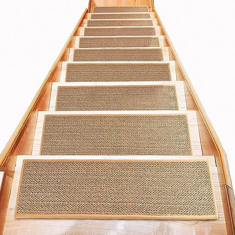 Japanese-style solid-colour linen stair mat with rubber backing on a wooden step.