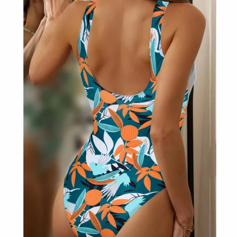 Women's high-waist one-piece swimsuit in printed pattern design with polyester and nylon construction