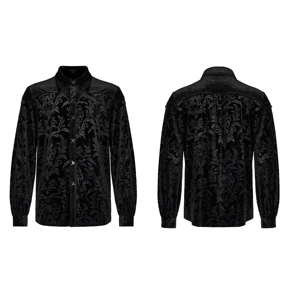 A black men's long-sleeve velvet shirt with a pointed collar in a British preppy style.