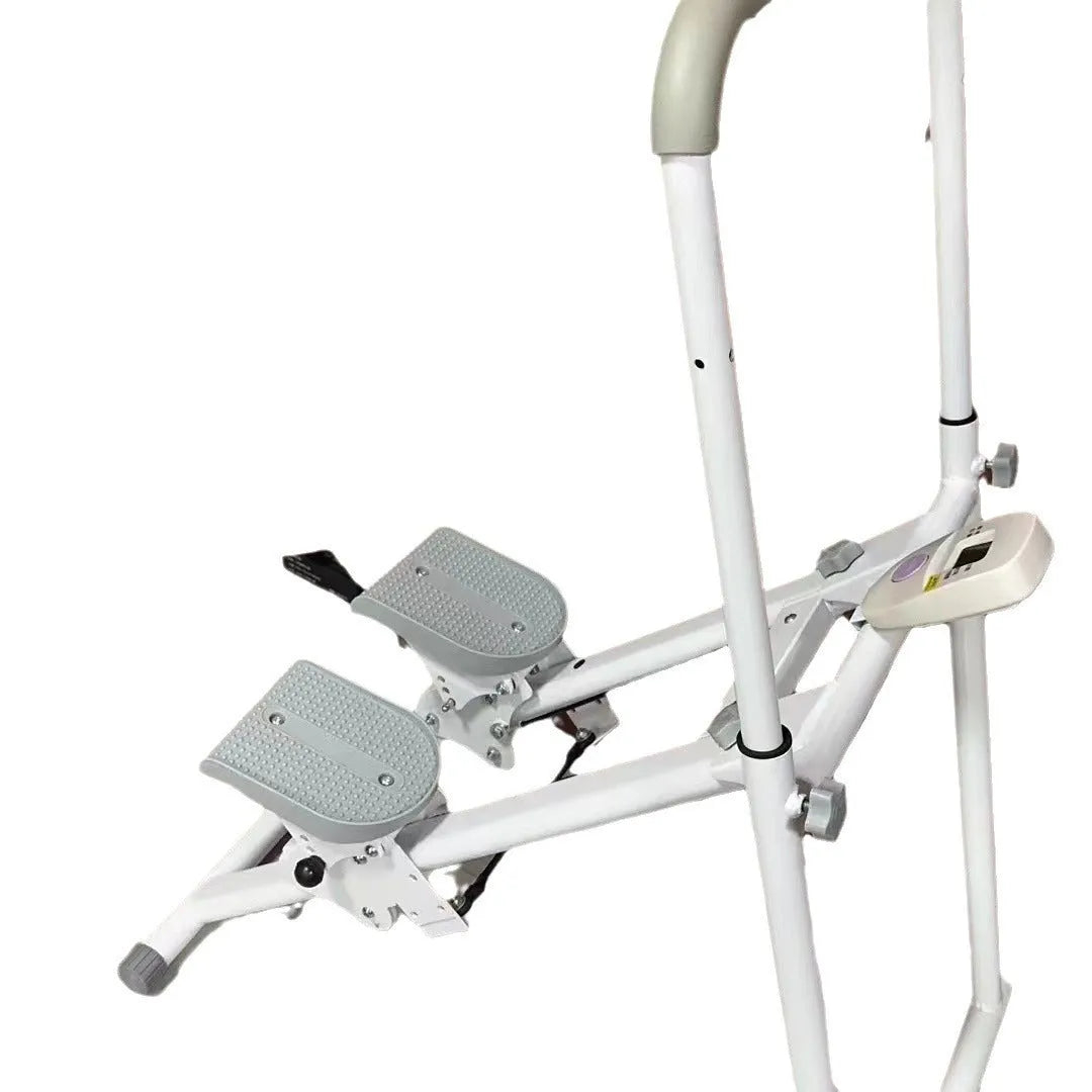 White folding treadmill with climbing frame attachment for multi-function home fitness exercise