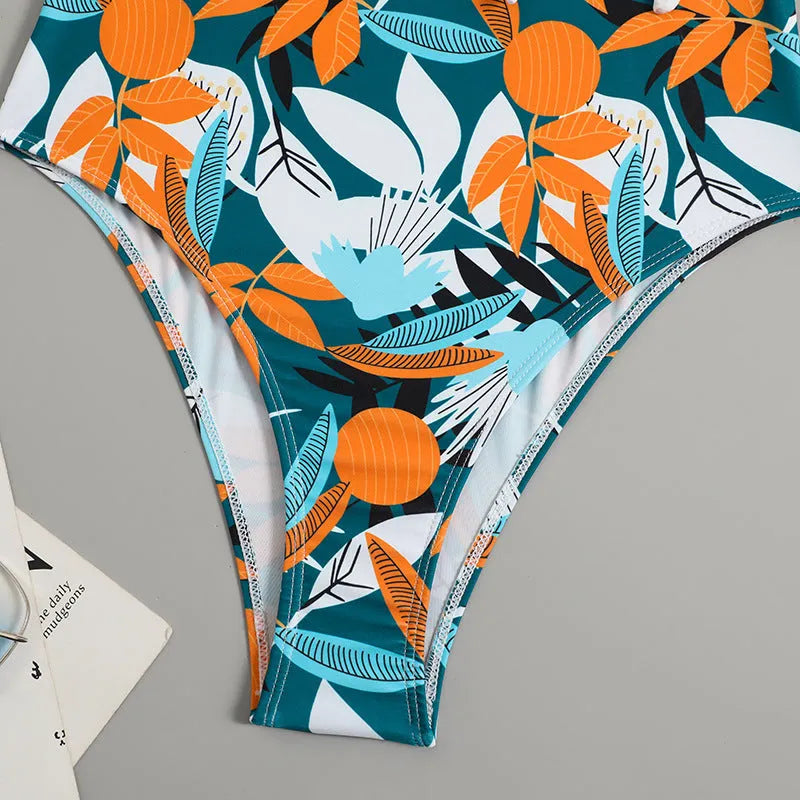 Women's high-waist one-piece swimsuit in printed pattern design with polyester and nylon construction