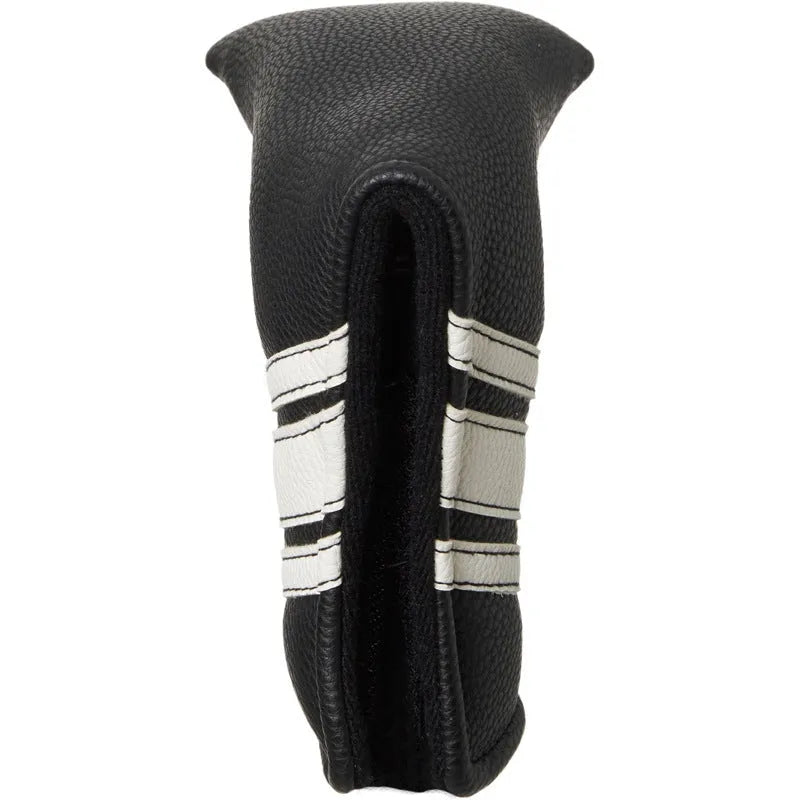 Black PU leather golf club head cover sleeve for protecting a single club shaft and head.