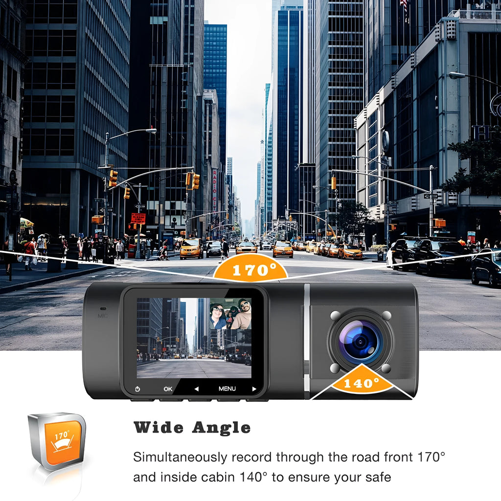 Standard black 1080p dashcam car camera with a 1.5-inch screen, shown with its car charger and mounting stand.