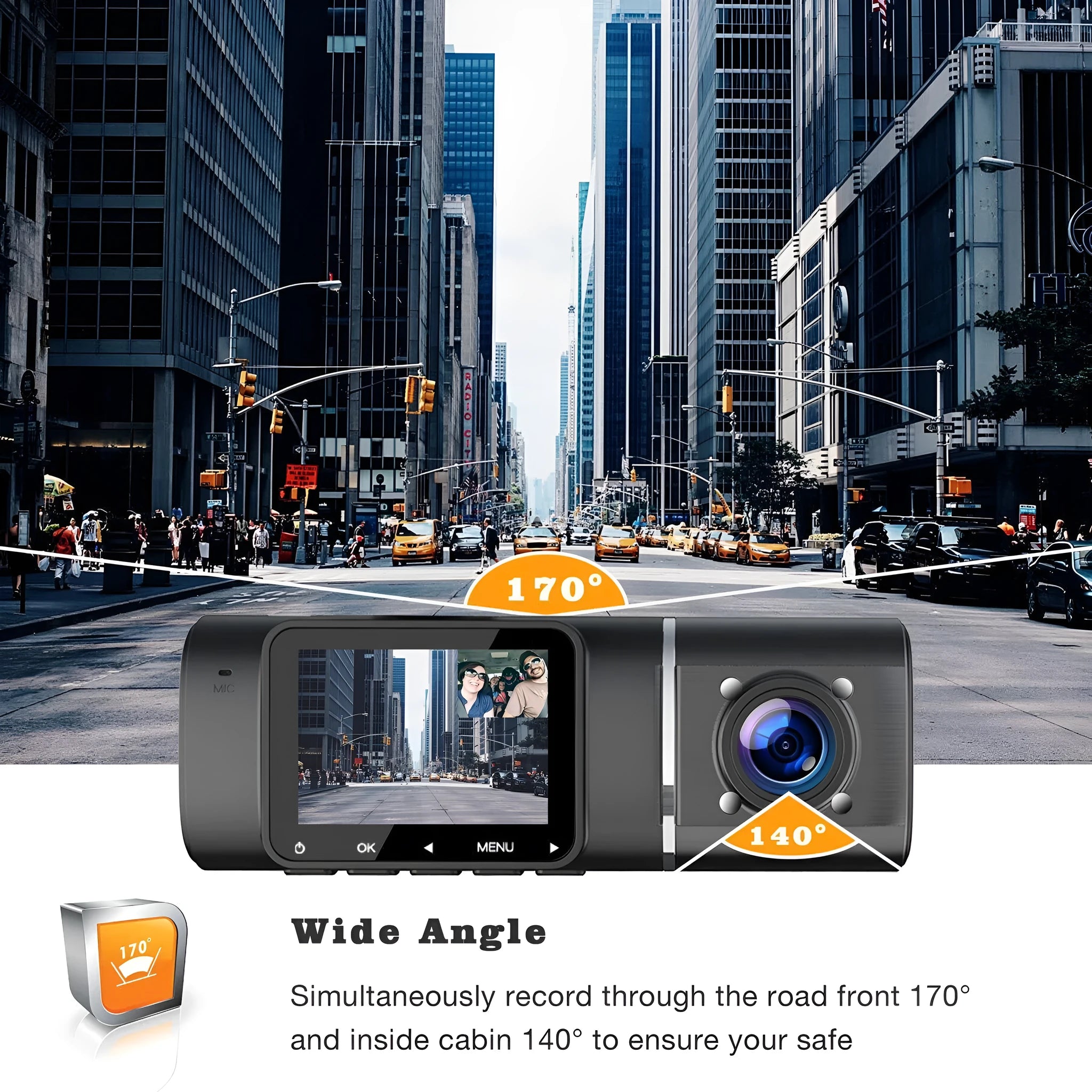 Standard black 1080p dashcam car camera with a 1.5-inch screen, shown with its car charger and mounting stand.
