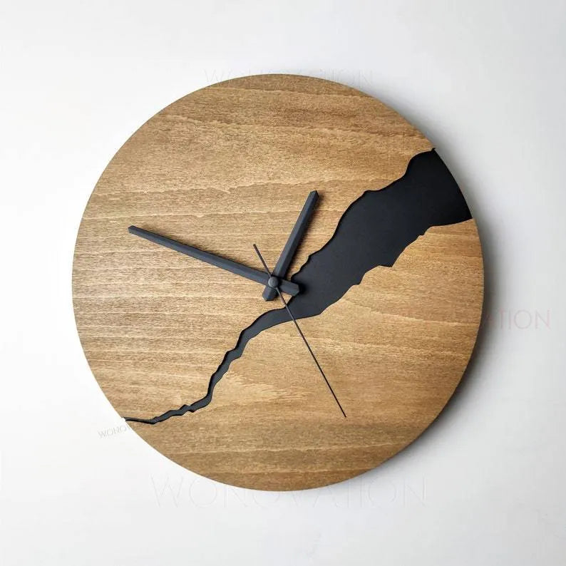 Modern wooden wall clock with a creative crack finish, shown in one of five available colour options.