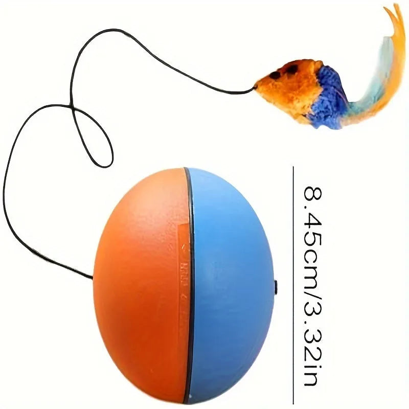 Blue and orange interactive cat toy ball with plush mouse design measuring 8.5cm diameter