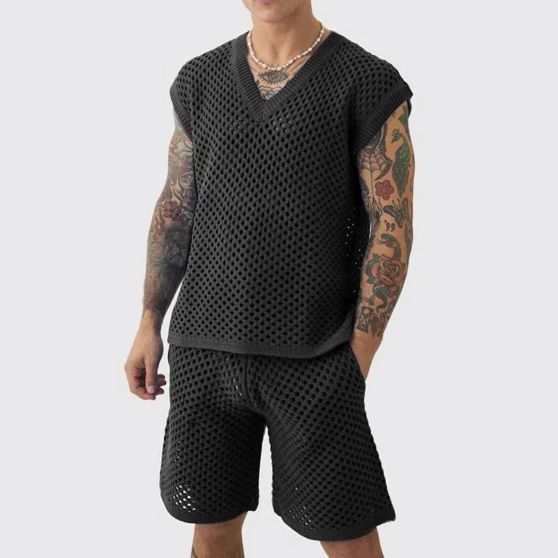 Men's blue V-neck knitted vest and shorts sports set for summer
