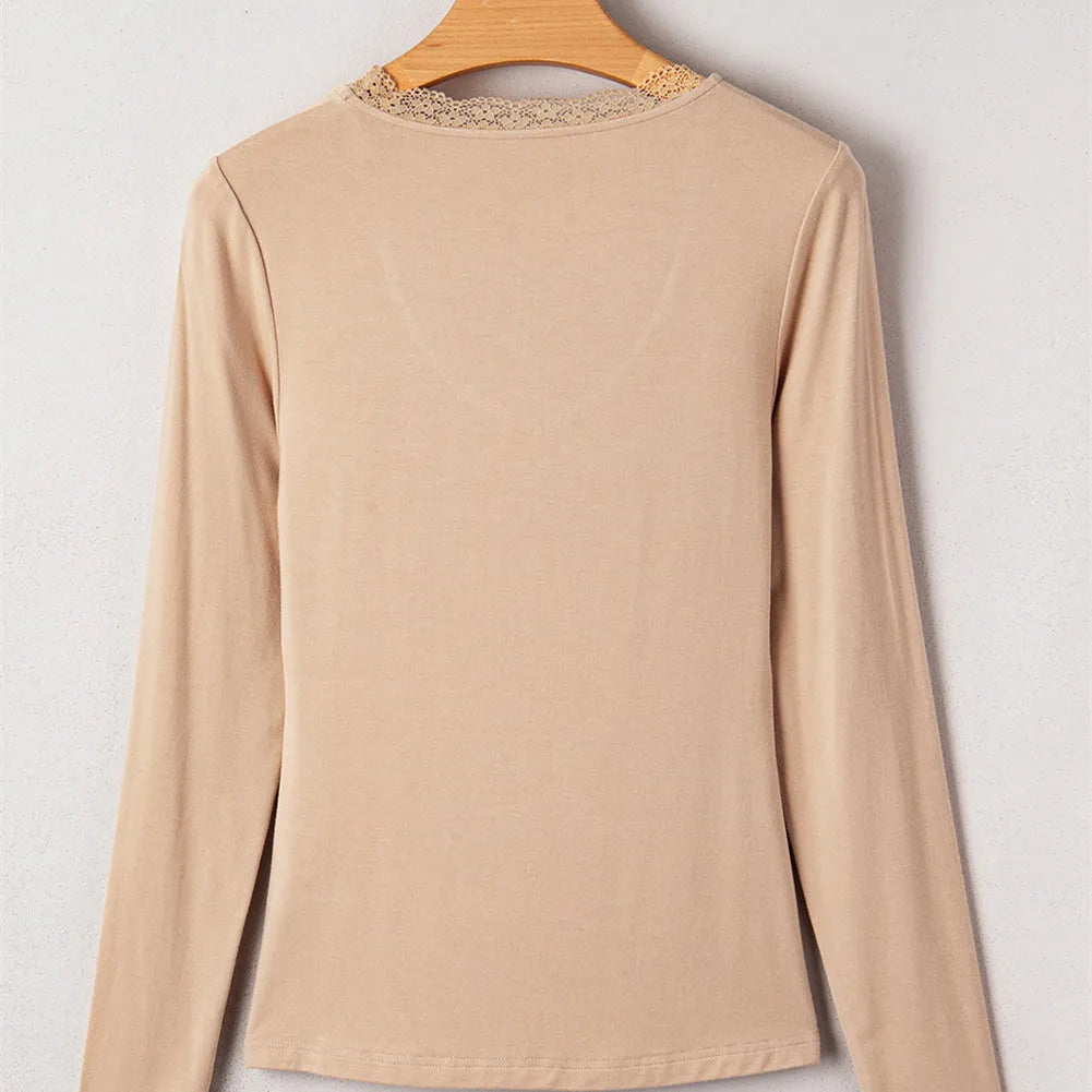 Women's red slim fit casual top with lace trim on long sleeves, Japanese Korean style.