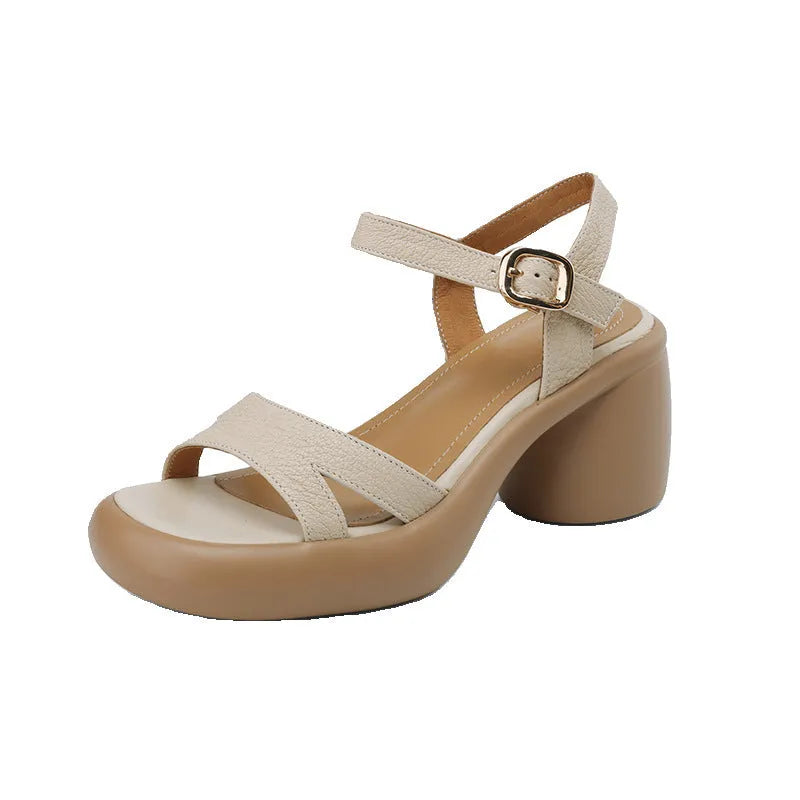 Women's open toe platform sandals in apricot with a round toe holder and rubber sole.