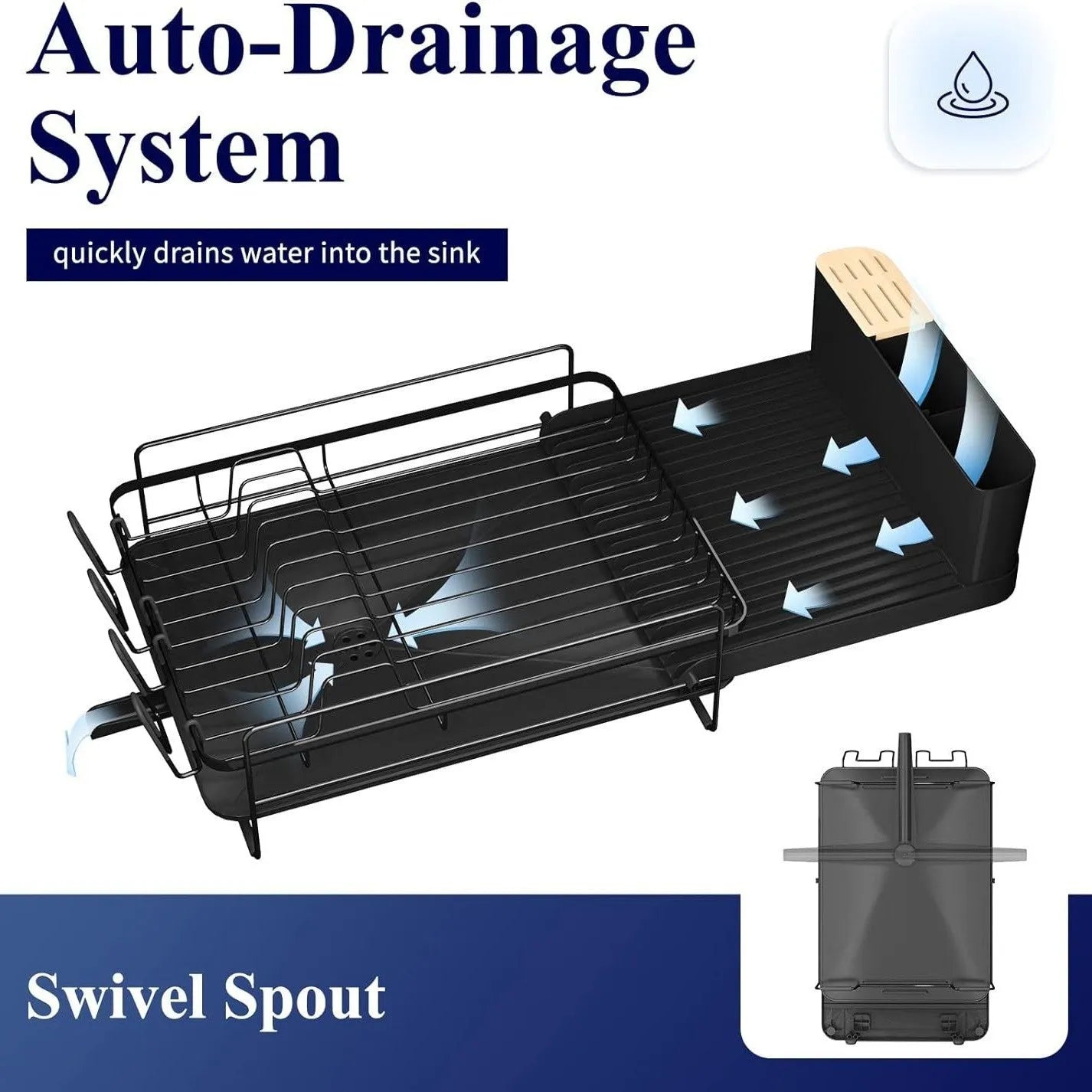 A retractable, foldable carbon steel kitchen drain rack holding cutlery and cups.
