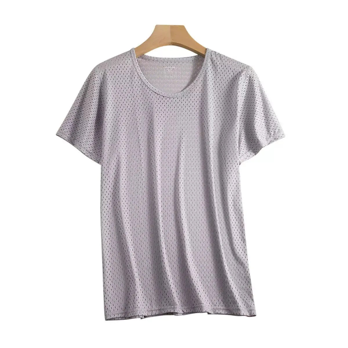 Man wearing a solid colour ice silk short sleeve crew neck T-shirt.