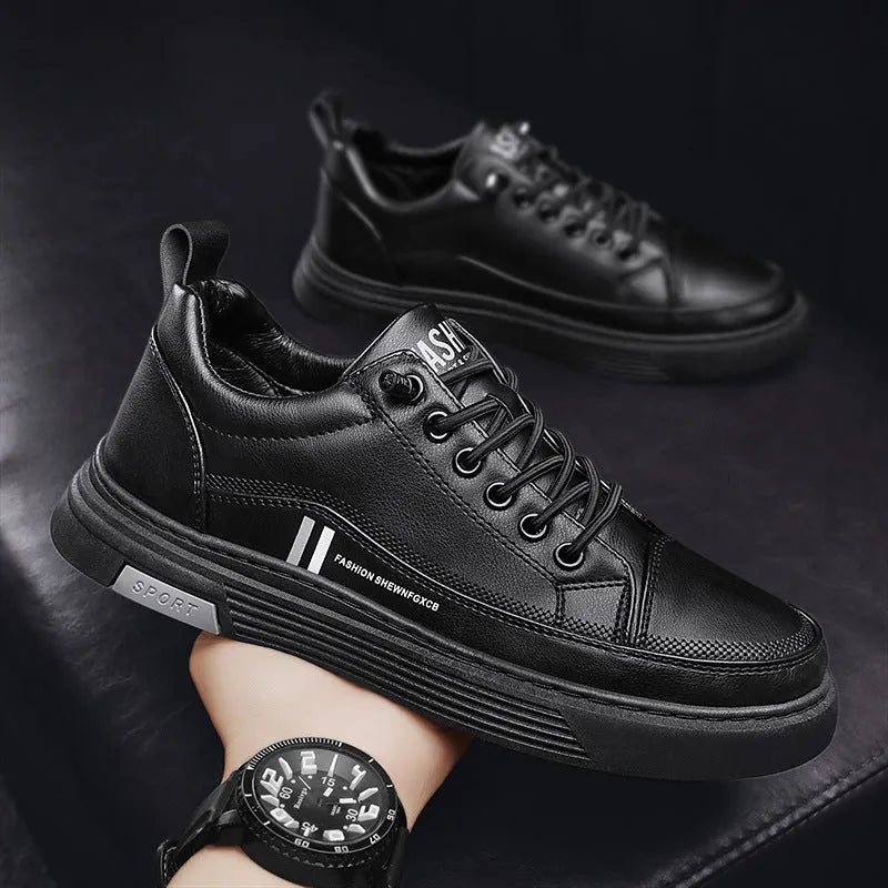 Men's low-top white skateboard shoes with elastic band closure and microfiber upper.