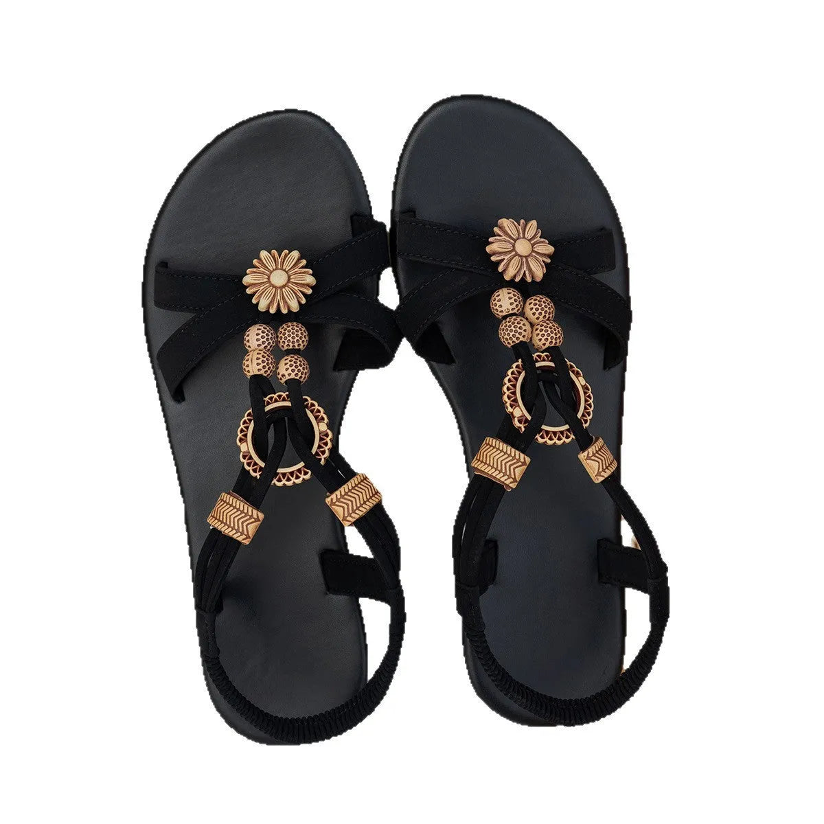 Black women's ethnic style flat sandals with beaded weave pattern and elastic band