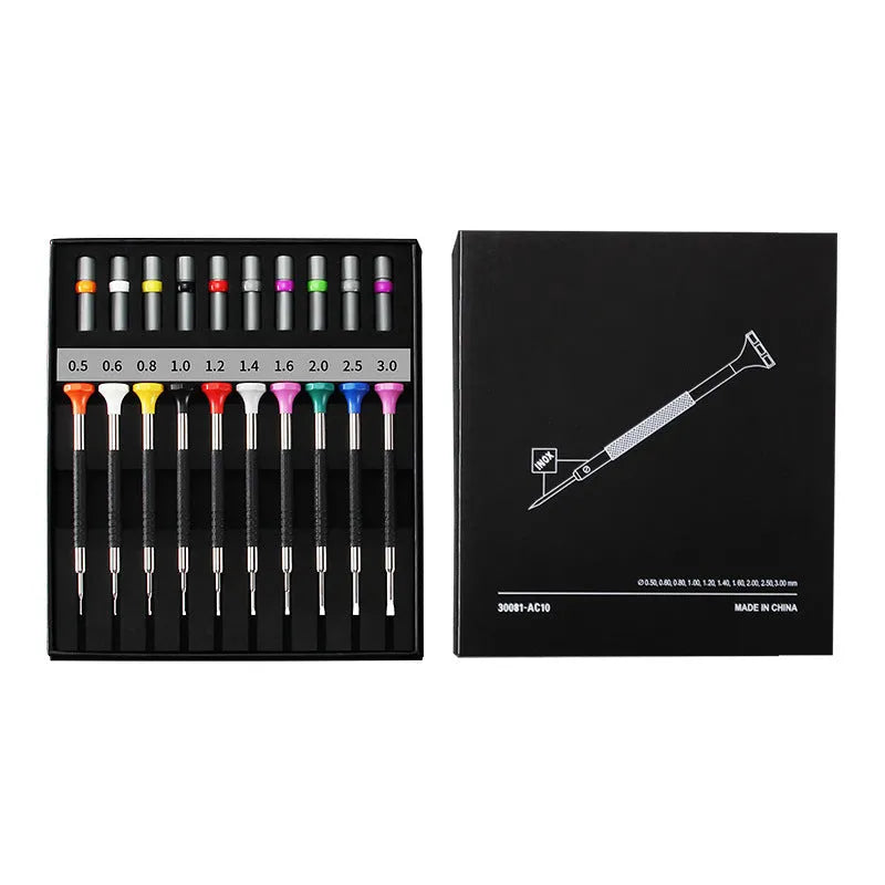 Watch repair screwdriver set with 10 tools and 20 spare bits in organised box