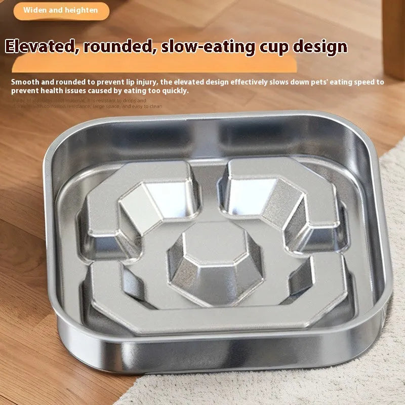 Square stainless steel slow feeding pet bowl for dogs and cats with bone square design on a plain background.