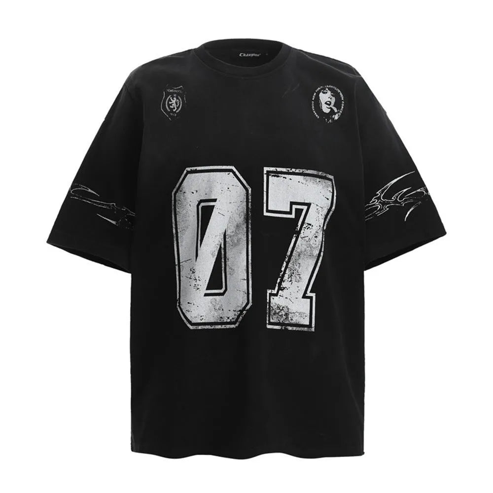 Men's black and white pure cotton short-sleeved printed t-shirt shown on size chart.