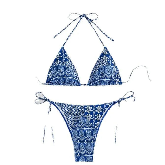 Women's green split bikini swimsuit with bandage-style printed stitching and briefs bottom.