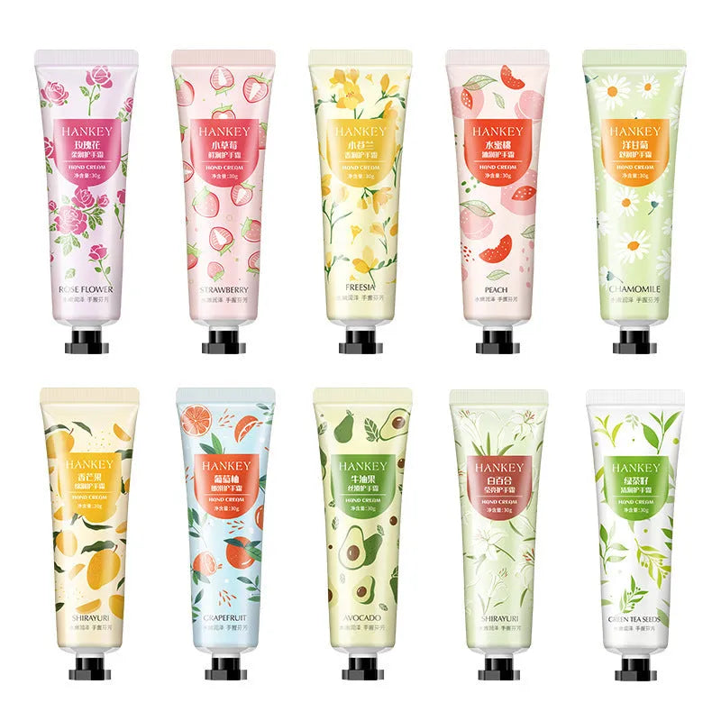 30g tube of fruit extract hand cream with avocado and chamomile scent options