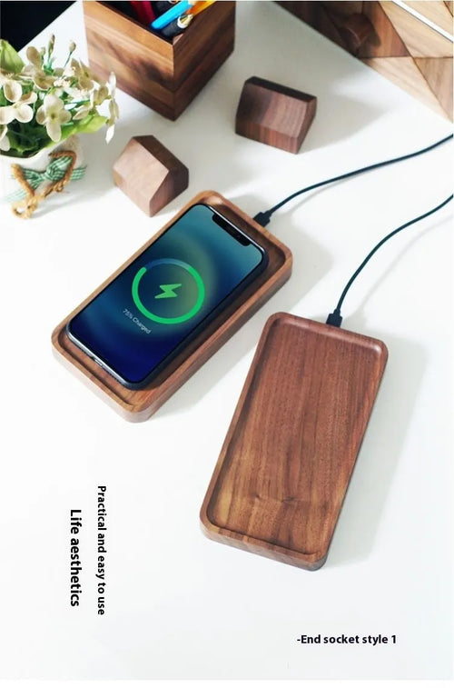Natural black walnut wood tray 15W wireless fast charger with end outlet cable
