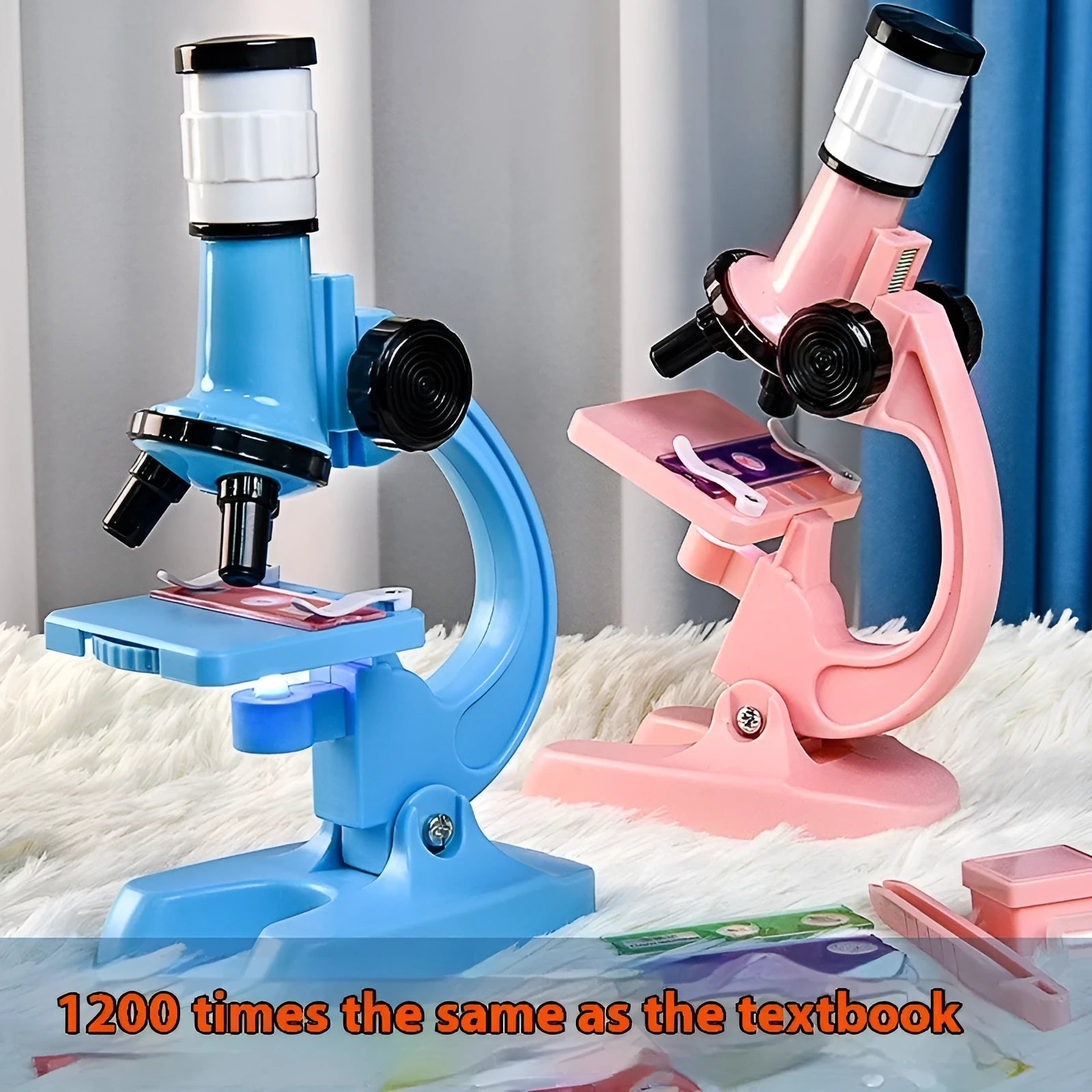 Children's plastic microscope toy with 1200x HD lens, prepared specimen slides, and mobile phone holder on a white background