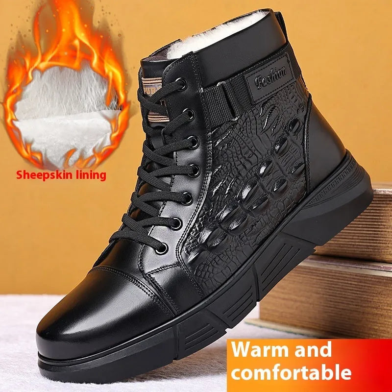 Black and brown genuine leather snow boots with fur integration, rubber soles, and front lace-up closure