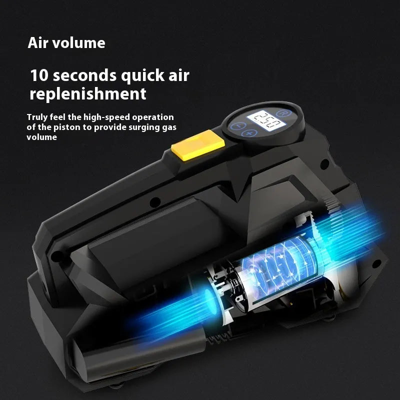 Black vehicle-mounted electric tyre inflator with digital display and light.