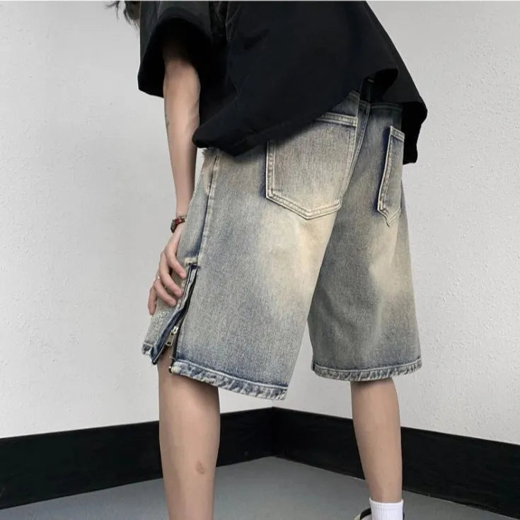 Blue retro tattered denim shorts with loose fit and American high street style