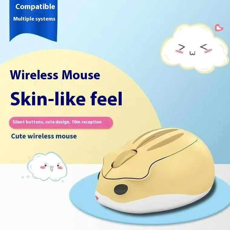 Hamster Wireless Mute Mouse in grey, pink, or yellow colour showing compact design next to USB receiver.