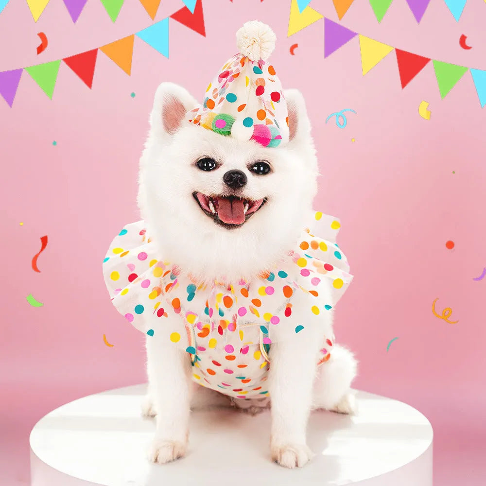 Polka dot lace bib dog birthday suit with hat and saliva towel in colourful dots