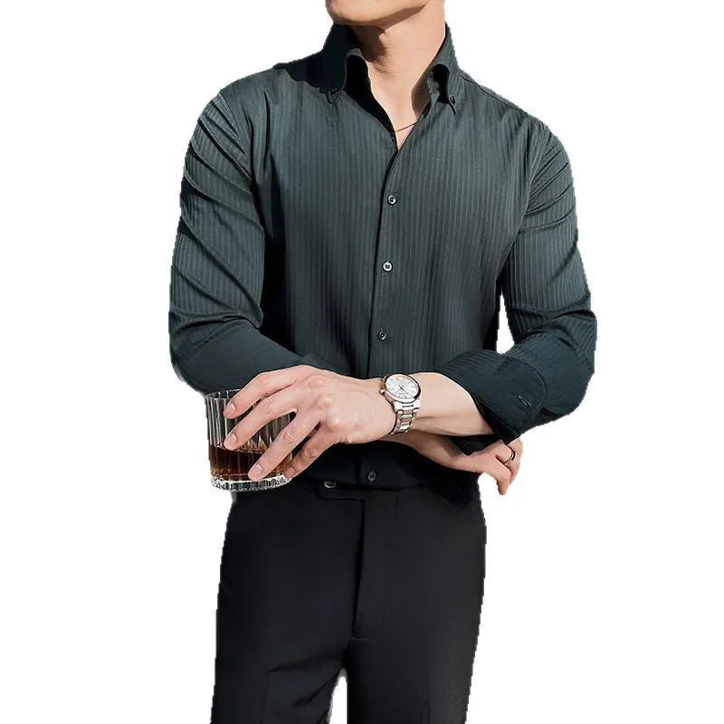Men's dark stripes V-neck long sleeve shirt in black brown green white casual cardigan style