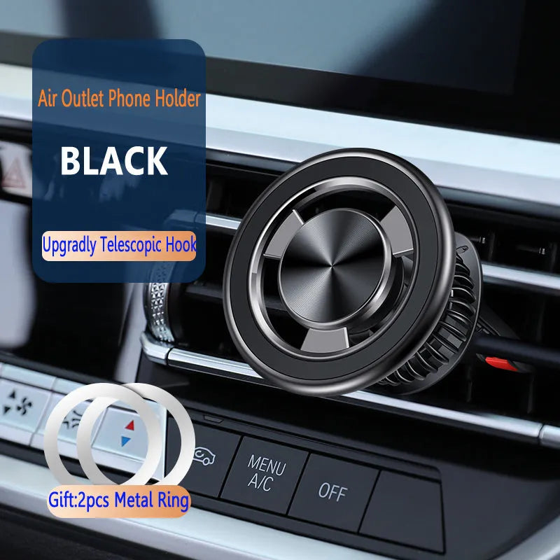 Silver and black alloy magnetic air outlet mobile phone holder with rivet magnet and snap on bracket