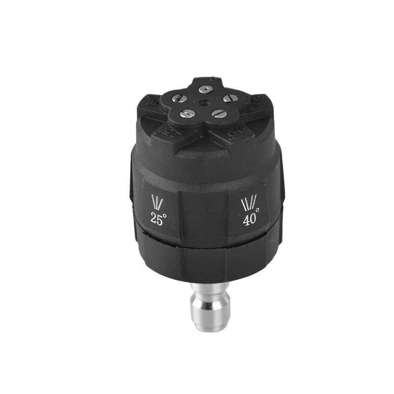 Five-in-one spray nozzle for high-pressure water guns showing engineering plastic construction