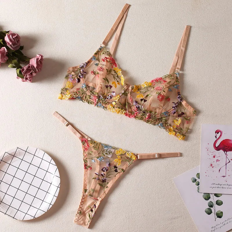 Floral single layer bra with steel ring T-back design in polyester mesh fabric
