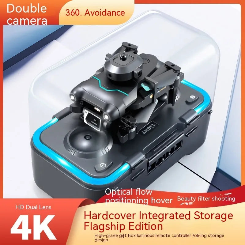 Black quadcopter drone with obstacle avoidance sensors and dual camera configuration for aerial photography