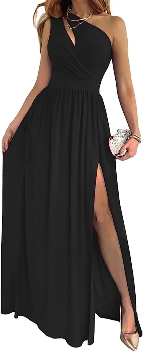 Women's one shoulder cocktail maxi dress with high thigh split and cutout sleeve detail in soft fabric
