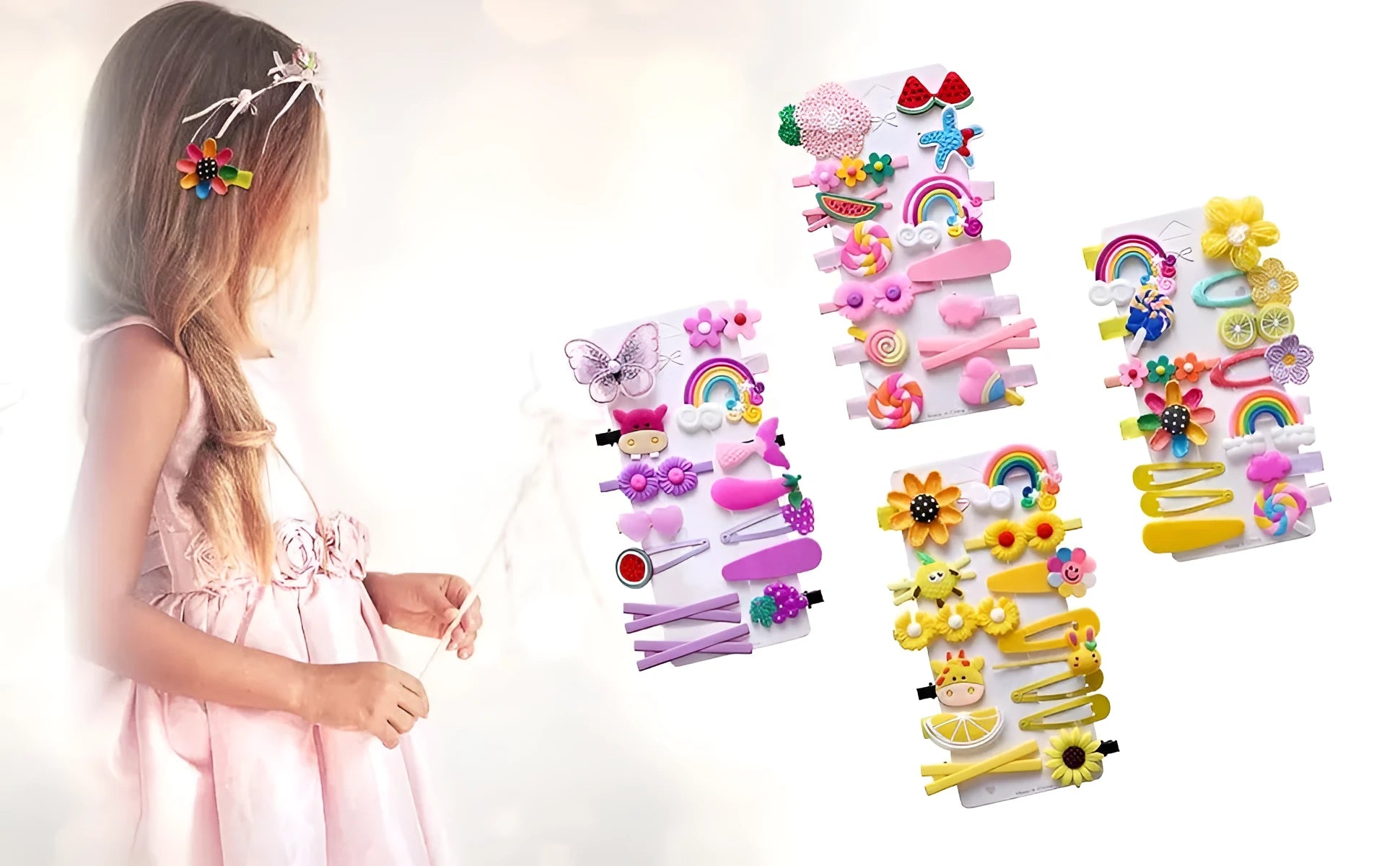 14-piece set of colourful toddler hair clips with candy, fruit, rainbow, and butterfly designs on a white background.