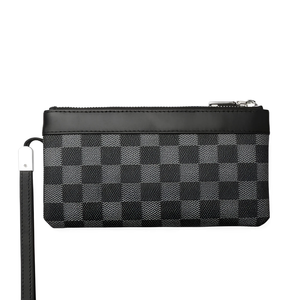 Black men's clutch wallet made of genuine cowhide leather, showing front view.