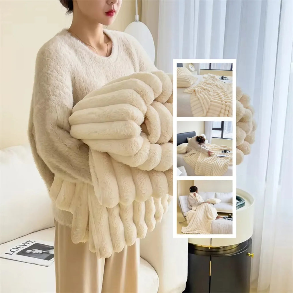 Soft Wind bubble velvet double-sided thickening blanket in a solid colour, shown folded to display its faux rabbit fur texture.