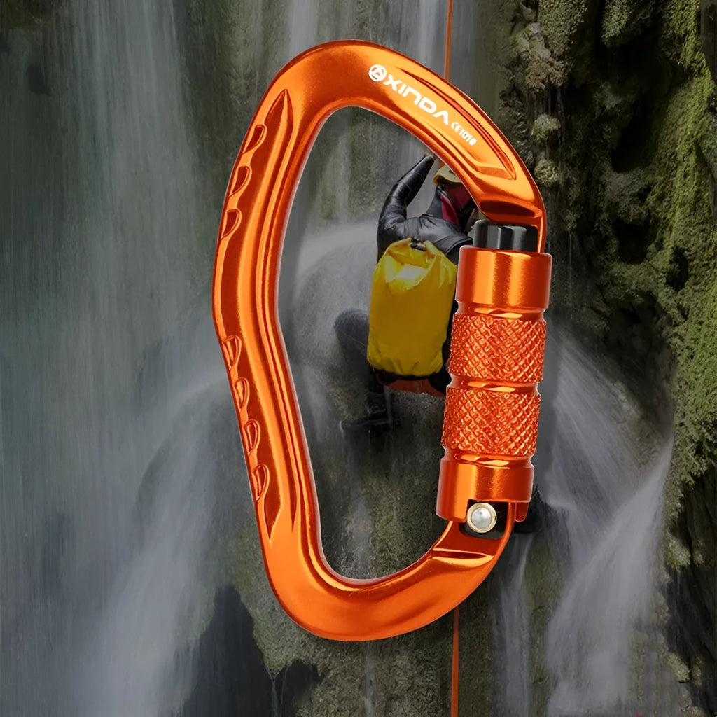 Automatic master lock climbing carabiner hook in colours black, blue, orange, red, silver.